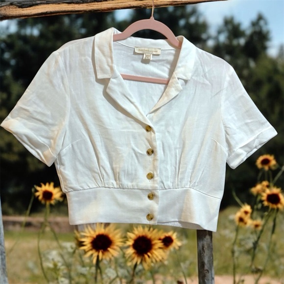Monteau Tops - Monteau Los Angeles Cream Linen Blend Button-Up Crop Top Large Ruched